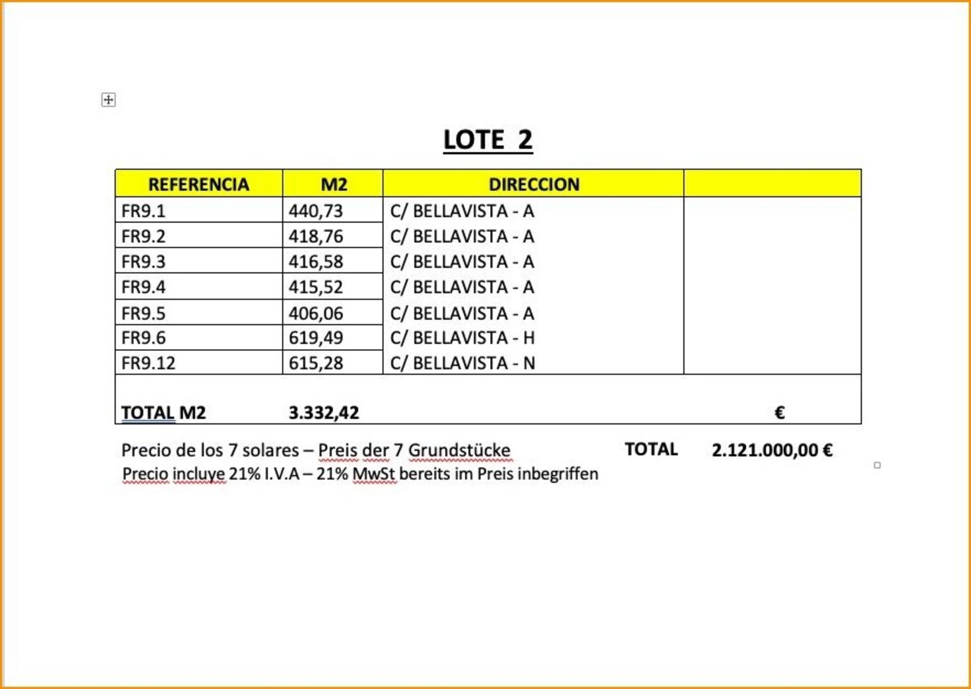 Lote 2 - Bellavista- Grundstücksflächen - Superficies de solares 