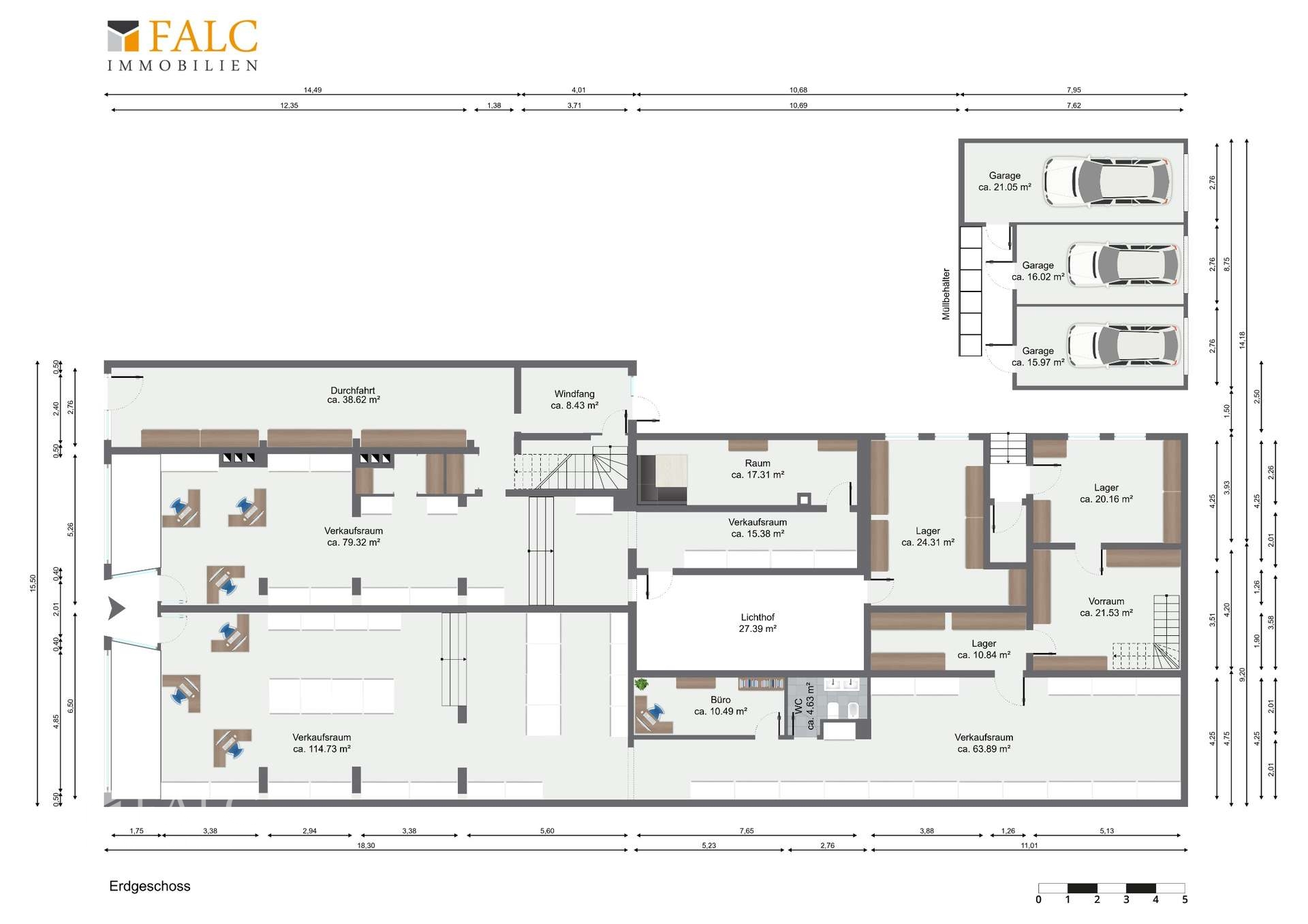 Ladengeschäfte Links u. Rechts im Erdgeschoss