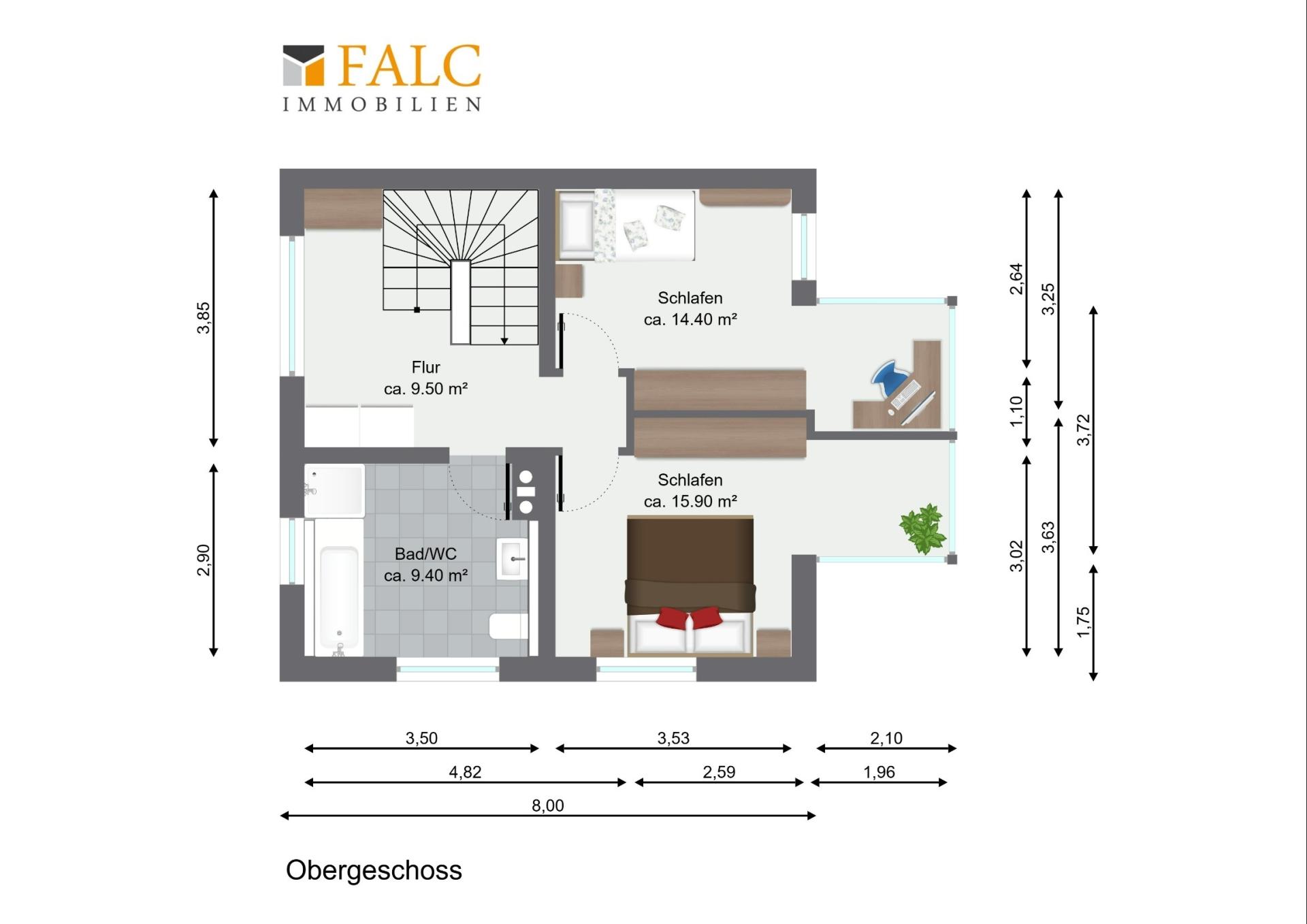 1. Obergeschoss – Gestaltungsoption mit zusätzlicher Wand